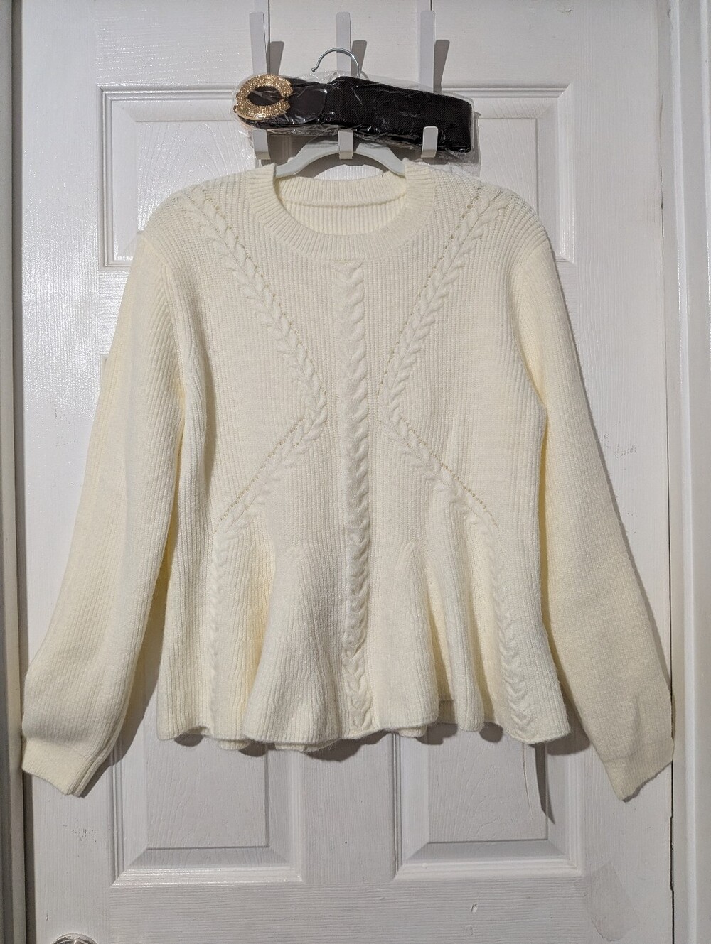 Commense Peplum Cable-Knit Top with Wide Belt - Picture 8 of 16